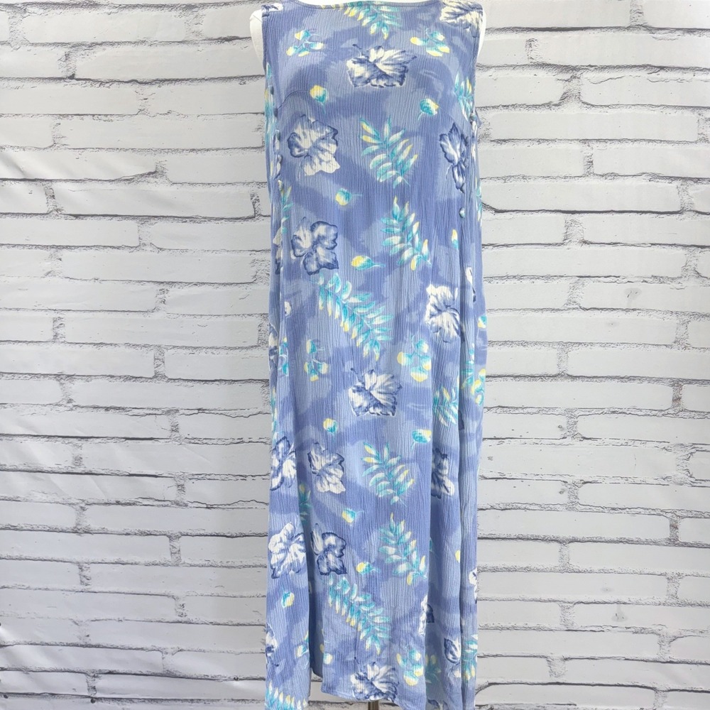 Vintage Tropical Floral Crinkle Maxi Dress Blue Sleeveless Side Loop Tab Accents